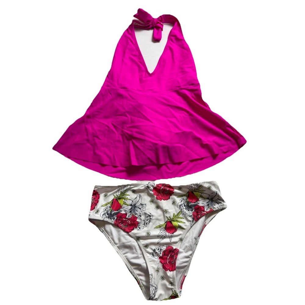 NW0T Beachsissi Women's Tankini‎ Set Pink Top White Rose Bottoms Small-628